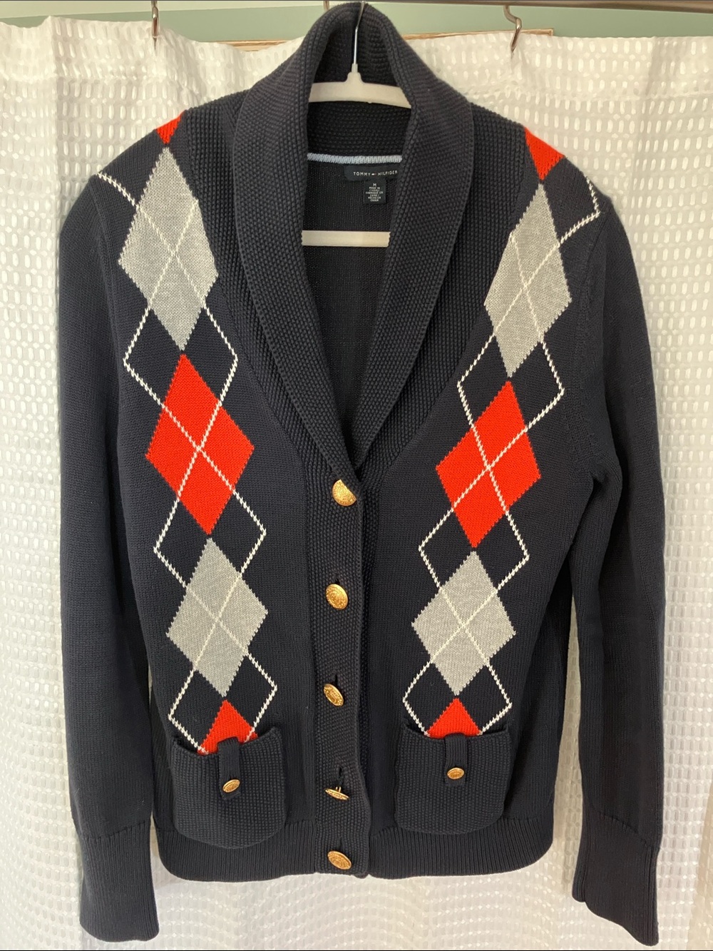 Tommy Hilfiger Men's Argyle Shawl Collar Cardigan Sweater Navy Crest Buttons M